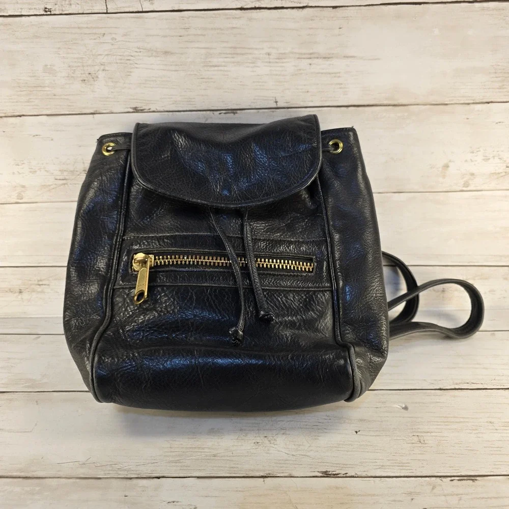 Vintage Pattie Jarrell Colorado USA Black Leather Mini Backpack Drawstring Bag